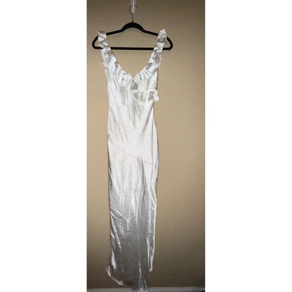 White Satin NWT Ruffle Maxi Dress XS asymmetrical side slit Beach Wedding Chic